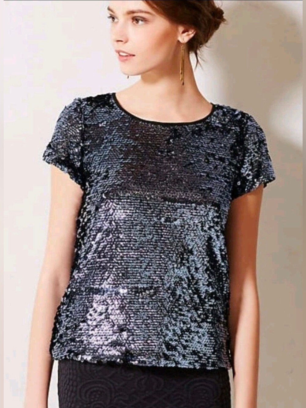 ❤️ NWOT! ANTHROPOLOGIE LEIFSDOTTIR NAVY SEQUIN TEE / TOP, SMALL